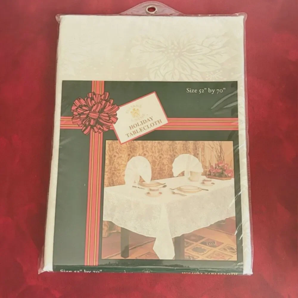Sultan’s Linens Holiday Tablecloth 52x70 Ivory Poinsettia Floral New